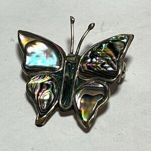 Vintage Abalone Butterfly Brooch Pin Silver Tone Handmade Mexico Marked